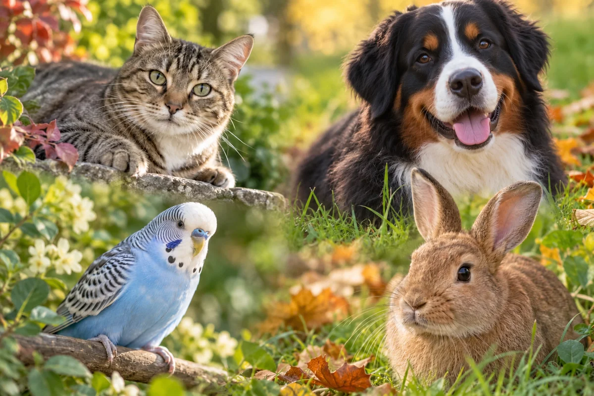 Katze, Hund, Wellensittich und Kaninchen